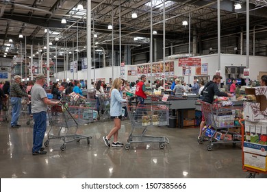Tigard, Oregon, USA - Sep 16, 2019: Checkout lanes in a Costco Wholesale store in Tigard, Oregon.
