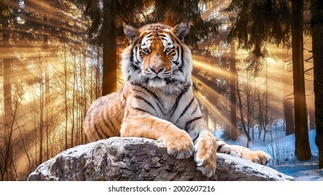 A tiger basks under the rays of the spring sun. - Shutterstock ID 2002607216
