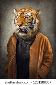 Tiger in clothes. Man with a head of an tiger. Concept graphic in vintage style with soft oil painting style