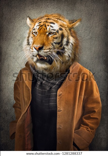 Tiger in clothes. Man\
with a head of an tiger. Concept graphic in vintage style with soft\
oil painting style