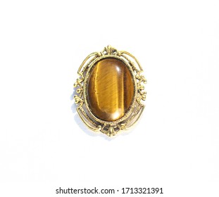 Tiger Eye Stone Cabochon Gold Tone Oval Cameo Brooch