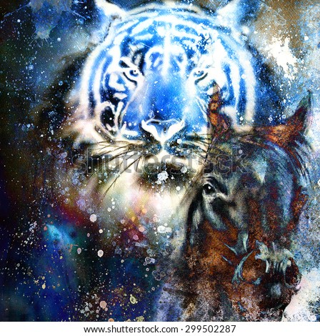  tiger with horse,  collage on color abstract  background,  rust structure, wildlife animals