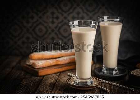 Tiger nut milk. Refreshing cold drink from Valencia. Horchata de chufa. Horchata with rice