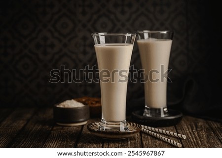 Tiger nut milk. Refreshing cold drink from Valencia. Horchata de chufa. Horchata with rice