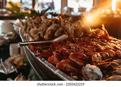 Tiger Prawns And Oysters Are On Display At The Seafood Station For Christmas Dinner.