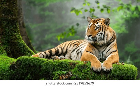 Tiger resting on mossy rock amid misty trees - Powered by Shutterstock