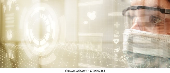 tight close up of female scientist with lab glasses and mask looking at data on a transparent digital screen, concept of innovative technology in medical research, HUD style - Powered by Shutterstock