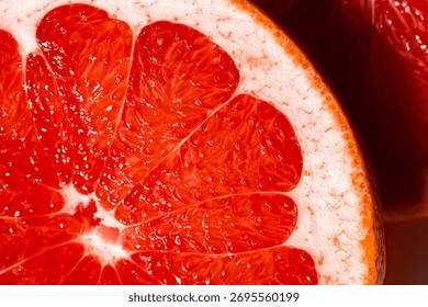 Tight macro of overlapping grapefruit wheels shows glossy pulp and pith; crisp light, subtle texture; selective focus conveys healthy food, vitamins, healthy life, freshness, happiness. 