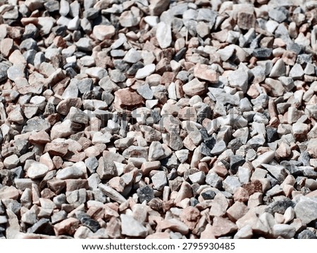 Tight overhead view of a dense layer of small mixed gravel stones in pale gray, beige, white, and pink tones scattered across the ground. Irregular angular