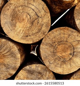 The tight stacking creates small triangular gaps between the logs, through which bright light filters, adding contrast and dimension to the image. 