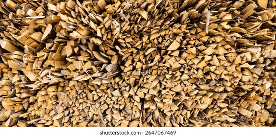 Tightly packed pile of split firewood arranged in an organic pattern, with earthy textures revealing freshly chopped surfaces of the wood, ready for seasoning or immediate use as fuel