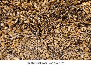 Tightly packed pile of split firewood arranged in an organic pattern, with earthy textures revealing freshly chopped surfaces of the wood, ready for seasoning or immediate use as fuel
