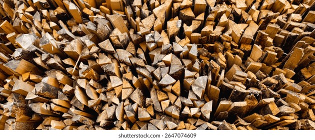 Tightly packed pile of split firewood arranged in an organic pattern, with earthy textures revealing freshly chopped surfaces of the wood, ready for seasoning or immediate use as fuel