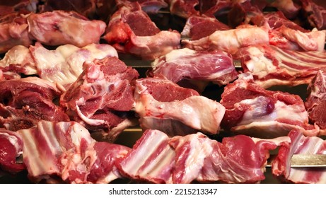 Tightly Strung Pieces Of Lamb On Skewers For Cooking Shish Kebab. Raw Lamb Pieces On Skewers. Shallow Depth Of Field