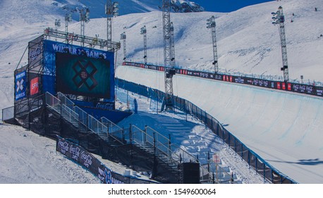 Tignes, France - March 10 2010 : A Half Pipe Stadium At The Winter X Games In The Snow On A Mountain