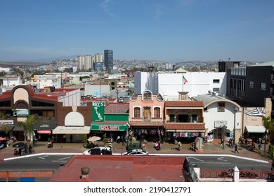 Tijuana, Baja California, Mexico - September 11, 2021: Afternoon Light Shines On The Downtown Tourist Main Street Of Avenida Revolución.