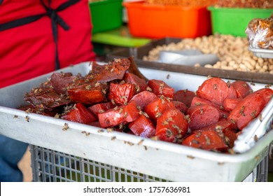 Tijuana , Mexico 06-16-2019 Raw Meat Attacked By Flies In A Tijuana Street Market