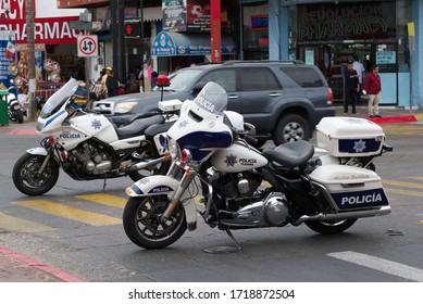 Tijuana, Mexico - October 20, 2017: Yamaha 900cc Motorcycle And Harley Davidson Motorcycle In Mexican Police Livery Parked In Road