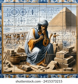 Tile art artistic image of create an image depicting an ancient egyptian engineer meticulously working on the foundation of the great pyramid of giza. capture the scene with historical accuracy, showcasing the engineer's attire and tools. in a whimsical