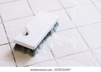 Limpieza de mosaicos y limpieza de baños con pincel blanco