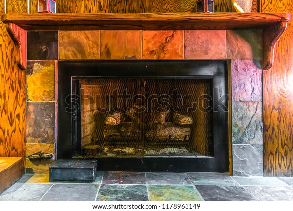 Tile Fire Place Cabin Park City Interiors Stock Image