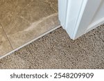 A tile floor with a white trim and a carpeted area. The carpet is brown and the trim is white