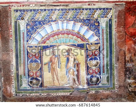 Tile mosaic in the ancient city of Herculaneum, in Italy, destroyed in 79AD by the eruption of Mount Vesuvius