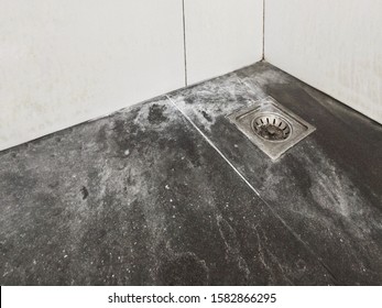 Paredes de mosaico y gruta con jabón blanco Scum que necesita limpiarse con lejía y limpiar el suelo o la pared del baño, ducha en el apartamento o casa.