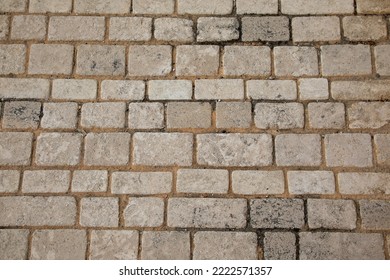 Tiled Brown Ancient Medieval Floor Background With Old Vintage Stones Tiles 