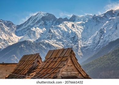 Tiled roof of village houses with view of Kailash Kinnaur Himalaya range at Kalpa Himachal Pradesh, India