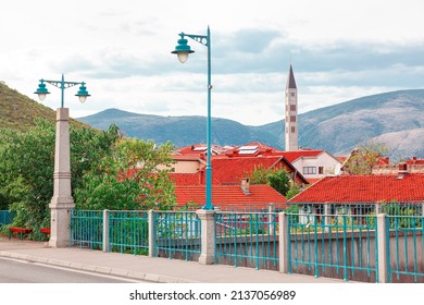 Tiled Roofs And Mosque Spire . Street Of Town In Bosnia And Herzegovina