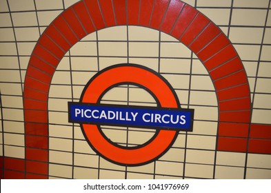 Tiled Sign Of Piccadilly Circus Tube Station - London, UK - 08/02/2015 