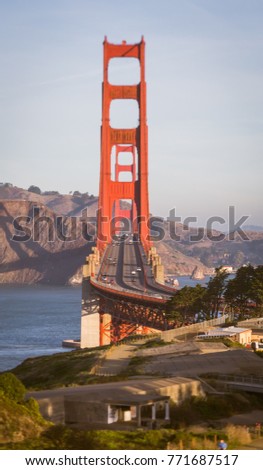 Tilt shift effect looking down the Golden Gate Bridge.