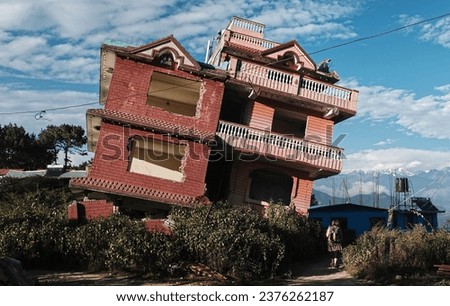 Tilted house after earthquake, Nepal, Asia