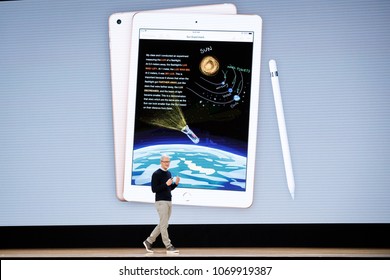 Tim Cook, Chief Executive Officer Of Apple Inc., Speaks During The Launch Event For The IPad 6 At Lane Technical College Prep High School In Chicago, Illinois, U.S., March 27, 2018.