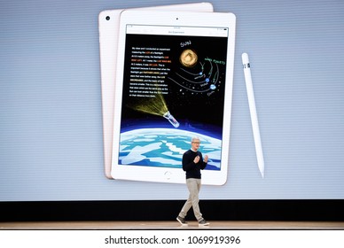 Tim Cook, Chief Executive Officer Of Apple Inc., Speaks During The Launch Event For The IPad 6 At Lane Technical College Prep High School In Chicago, Illinois, U.S., March 27, 2018.