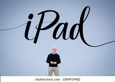 Tim Cook, Chief Executive Officer Of Apple Inc., Speaks During The Launch Event For The IPad 6 At Lane Technical College Prep High School In Chicago, Illinois, U.S., March 27, 2018.