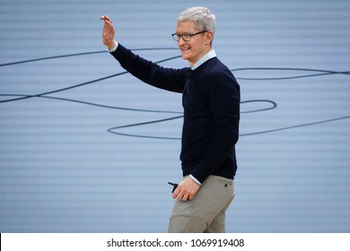 Tim Cook, Chief Executive Officer Of Apple Inc., Speaks During The Launch Event For The IPad 6 At Lane Technical College Prep High School In Chicago, Illinois, U.S., March 27, 2018.