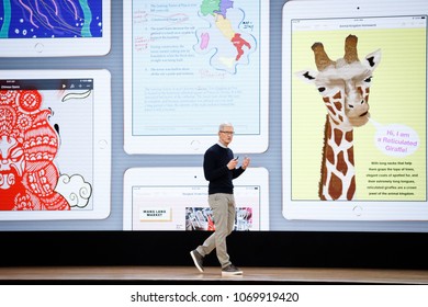 Tim Cook, Chief Executive Officer Of Apple Inc., Speaks During The Launch Event For The IPad 6 At Lane Technical College Prep High School In Chicago, Illinois, U.S., March 27, 2018.