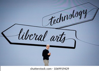 Tim Cook, Chief Executive Officer Of Apple Inc., Speaks During The Launch Event For The IPad 6 At Lane Technical College Prep High School In Chicago, Illinois, U.S., March 27, 2018.