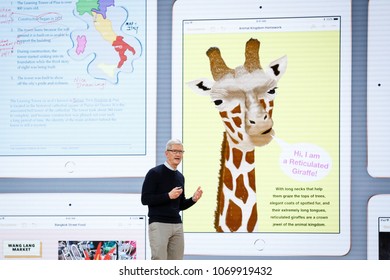 Tim Cook, Chief Executive Officer Of Apple Inc., Speaks During The Launch Event For The IPad 6 At Lane Technical College Prep High School In Chicago, Illinois, U.S., March 27, 2018.