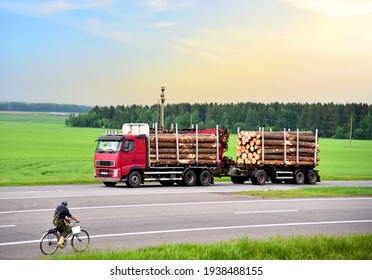 Timber truck transporting cut trees from forest along highway. Transport raw timber from felling site. Harvesters, forest machines and clearing of plantation in forests. Logging industry