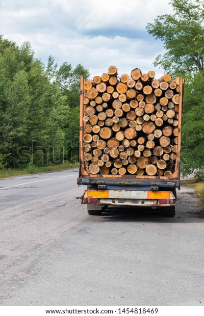 A timber truck with wood travels along a\
highway with cargo, harvesting and delivery of sawn timber to a\
customer at a destination for further processing for industrial\
purposes.