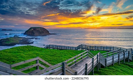 Timber walkway in Phillip island at sunset, Victoria, Australia - Shutterstock ID 2248036795