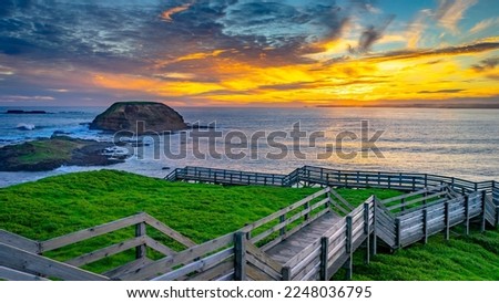 Timber walkway in Phillip island at sunset, Victoria, Australia
