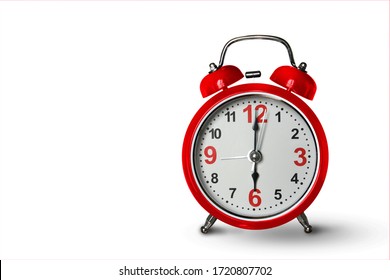 Time alarm clock red body and rings bell isolated on white background, This has clipping path.
