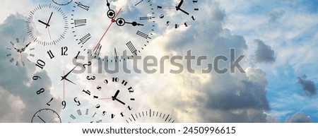 Time background with round wall clocks.