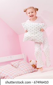 Time To Bed - Little Girl Playing In Bedroom  (no Name Teddy Bear)