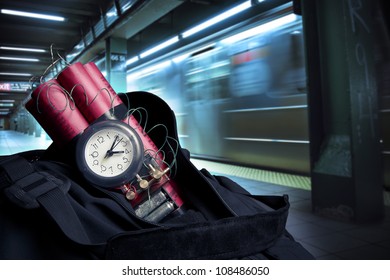 Time Bomb In A Backpack Representing Terrorist Attack