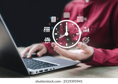 Time and business management target, Time reduce concept, Business Woman show virtual clock in hand, Business plan and target of work, Planning for increased efficiency, finance, Strategic, Cost down - Powered by Shutterstock